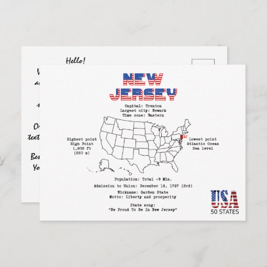 マップ上のニュージャージーのアメリカの州と有用な情報 シーズンポストカード (正面/裏面)