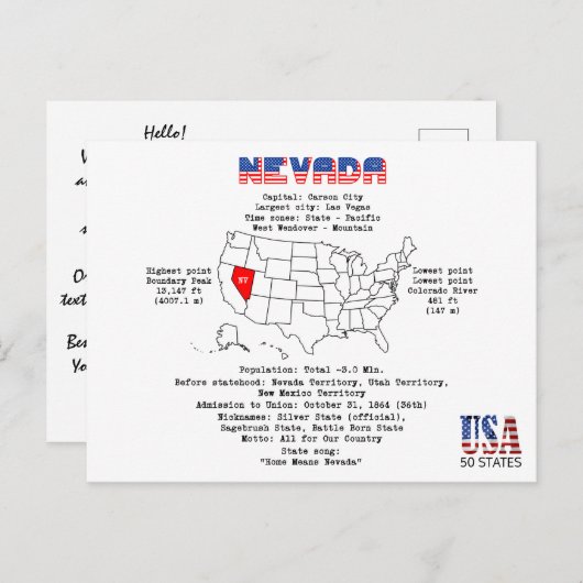 マップ上のネバダアメリカ州と有用な情報 シーズンポストカード (正面/裏面)