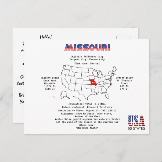 マップ上のミズーリのアメリカの州と有用な情報 シーズンポストカード (正面/裏面)