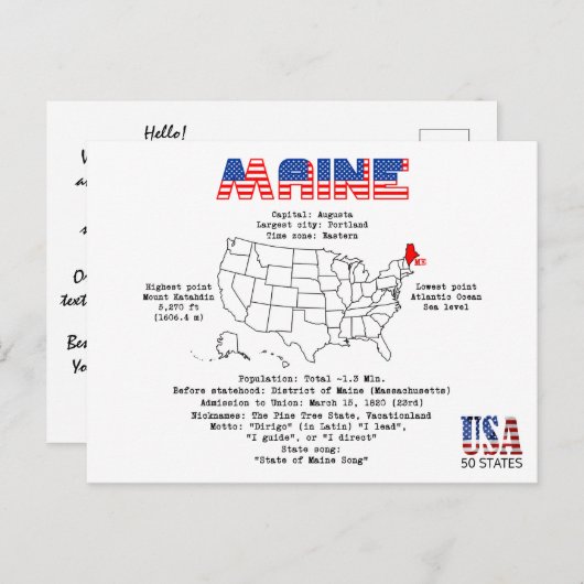 マップ上のメインのアメリカの州と有用な情報 シーズンポストカード (正面/裏面)