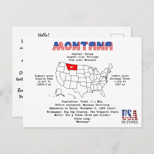 マップ上のモンタナアメリカ州と有用な情報 シーズンポストカード (正面/裏面)