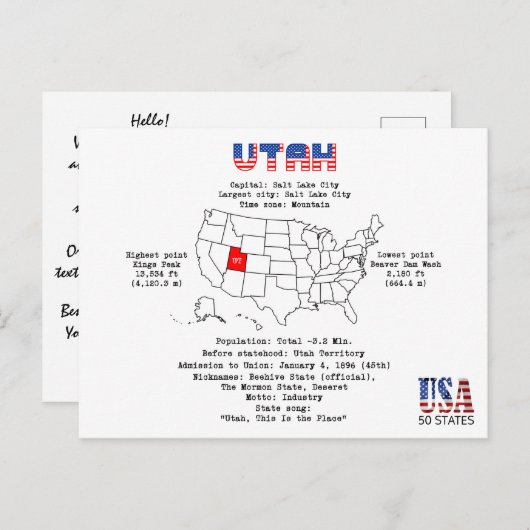 マップ上のユタ州と有用な情報 シーズンポストカード (正面/裏面)