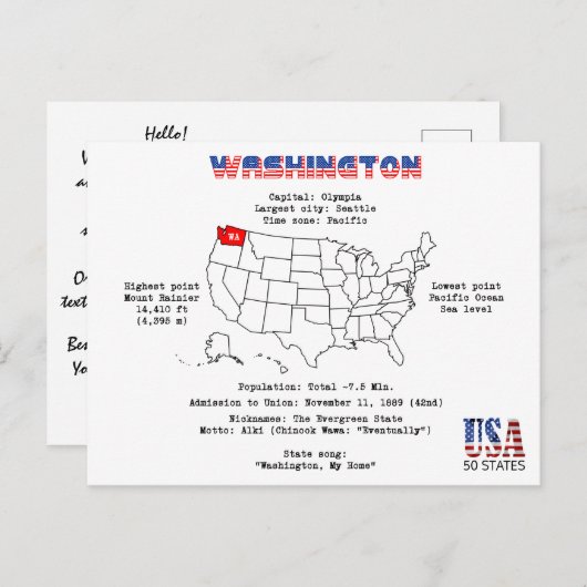マップ上のワシントン州と有用な情報 シーズンポストカード (正面/裏面)