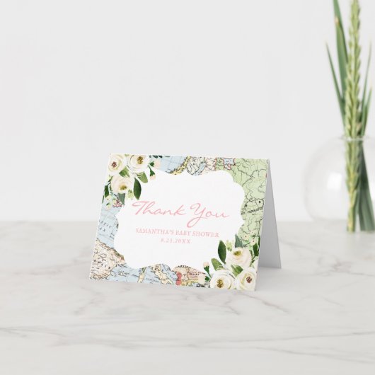 マップ トラベル テーマ ピンク ベビー シャワー サンクス カード (正面)