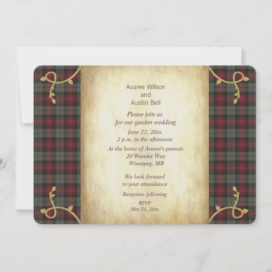 マッラクラン風化タータンチェック庭園の結婚式 招待状 (正面)