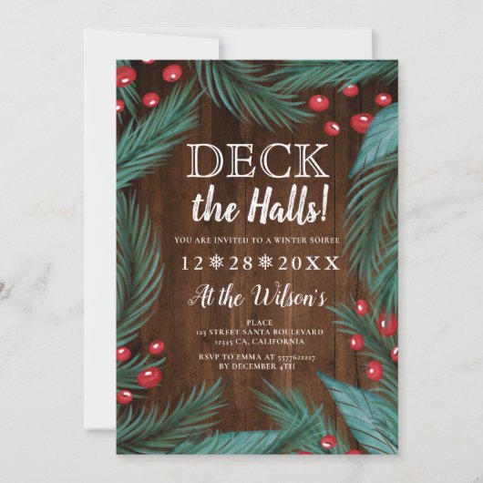 マツクリスマスのヤドリギの木製のデッキホール 招待状 (正面)