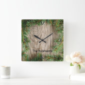 マツボーダーが付いている木製の背景 スクエア壁時計 (ホーム)