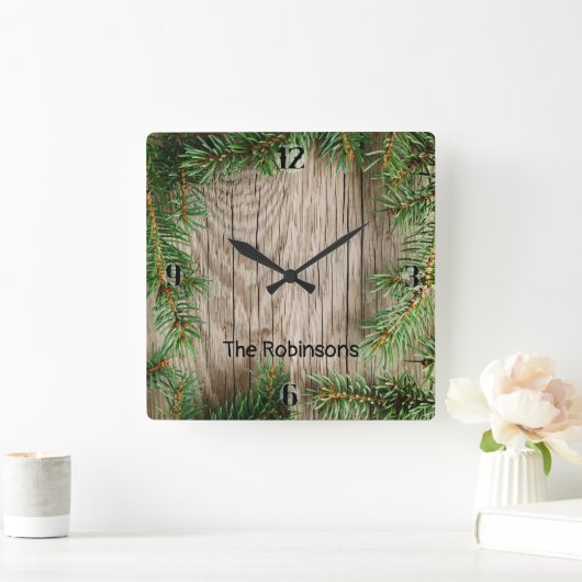 マツボーダーが付いている木製の背景 スクエア壁時計 (ホーム)