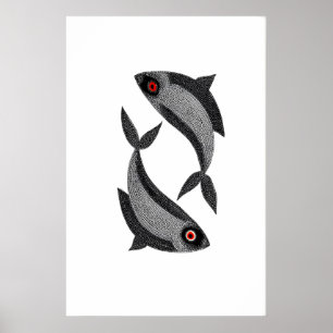 マツヤ デュオ アートプリント 手描きの魚、黒と ポスター