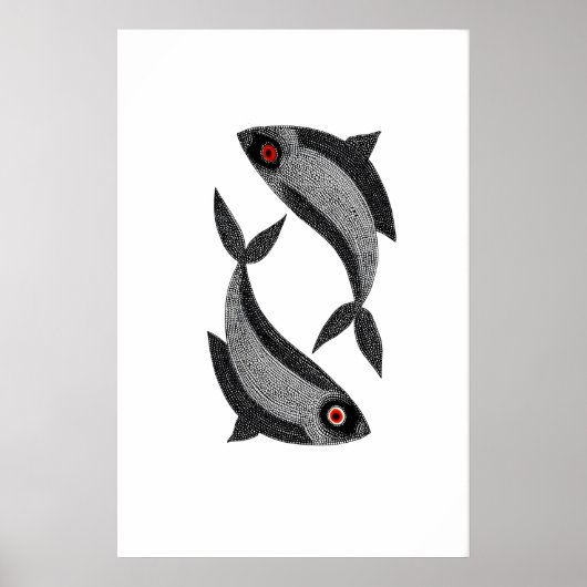 マツヤ デュオ アートプリント 手描きの魚、黒と ポスター (正面)