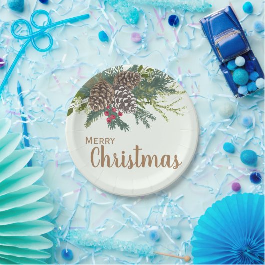 マツ円錐形および緑の草木のクリスマス ペーパープレート (パーティー)
