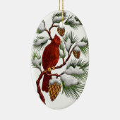 マツ円錐形のクリスマスのオーナメントを持つ赤い(鳥)ショウジョウコウカンチョウ セラミックオーナメント (右)