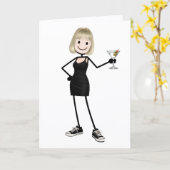 マティーニを持つ誕生日の棒人間ガール カード (黄色い花)