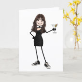 マティーニを持つ誕生日の棒人間ガール カード (黄色い花)