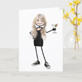 マティーニを持つ誕生日の棒人間ガール カード (黄色い花)