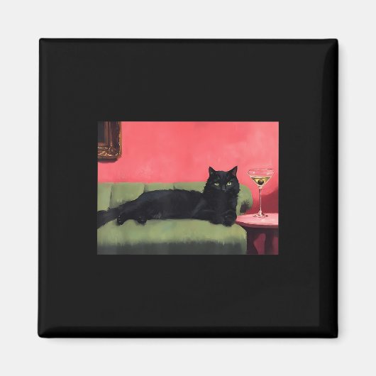 マティーニを持つ黒猫のアートプリント マグネット (正面)