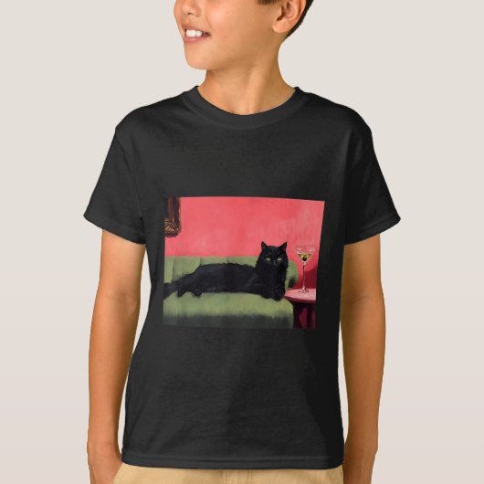 マティーニを持つ黒猫のアートプリント Tシャツ (正面)