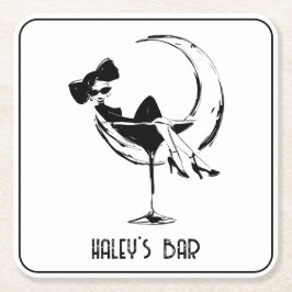 マティーニグラスのレトロな女性がいるバー スクエアペーパーコースター