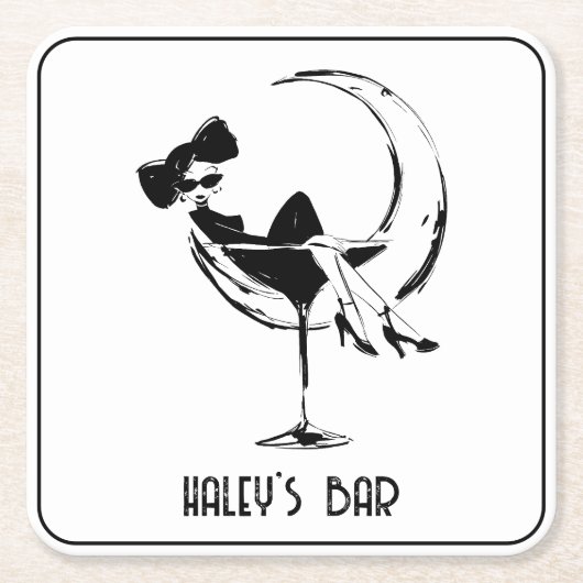 マティーニグラスのレトロな女性がいるバー スクエアペーパーコースター (正面)