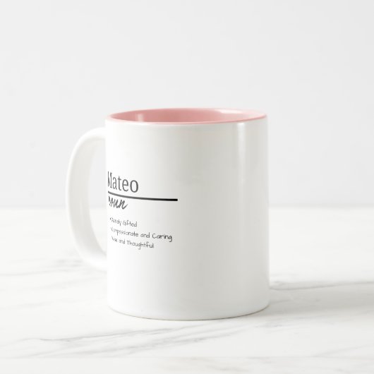 マテオ、男のパーソナライズされた子の名前の定義 ツートーンマグカップ (正面左)