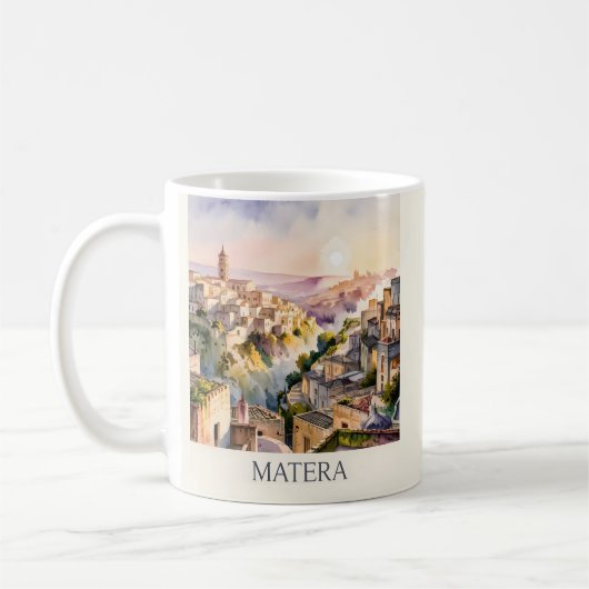 マテーラのサッシ 旅行 イタリア 洞窟都市 水彩画 コーヒーマグカップ (左)