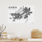 マディソンネイバーズタイポグラフィマップ – B&W ポスター (キッチン)