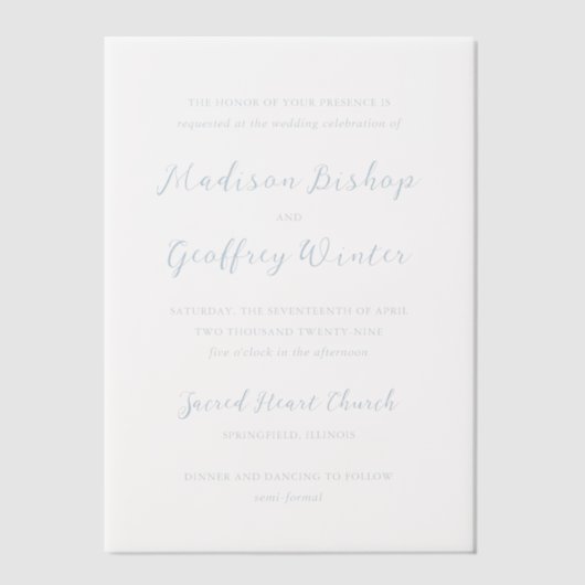 マディソンパウダーブルーエレガントウェディング ベラム紙招待状 (正面)