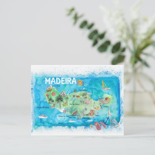 マデイラポルトガル島の図解入りの、写真付きの地図 シーズンポストカード (スタンド正面)