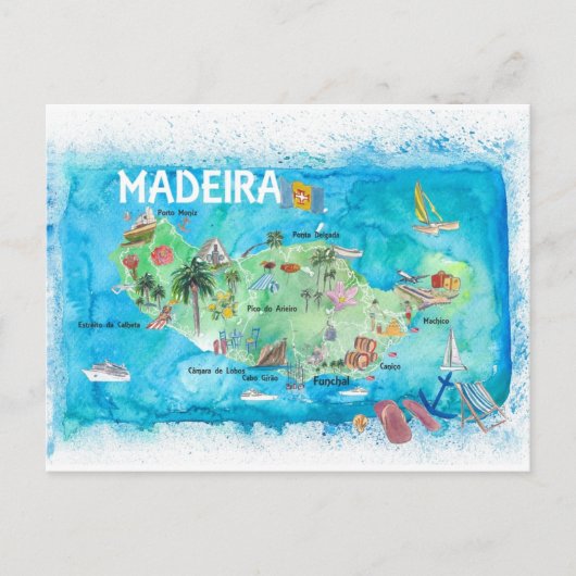 マデイラポルトガル島の図解入りの、写真付きの地図 シーズンポストカード (正面)