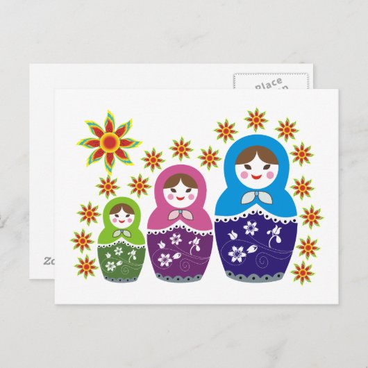 マトリョシカロシアの人形&ひまわりカスタム人形 ポストカード (正面/裏面)