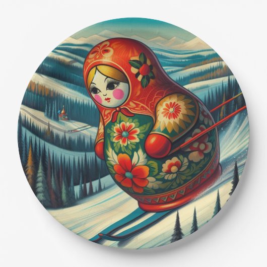 マトリョシュカ人形の冬雪スキー ペーパープレート (正面)