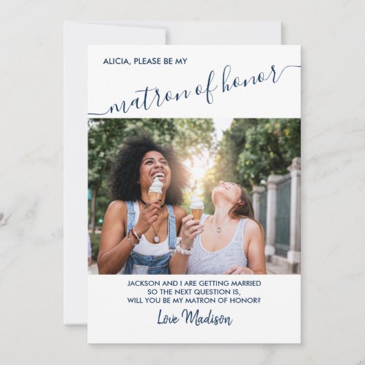 マトロン・オブ・オナー ブルーとホワイトの写真プロポーズカード 招待状 (正面)