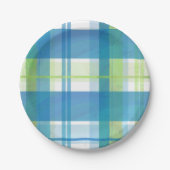 マドラスの格子縞の緑および青 ペーパープレート (正面)
