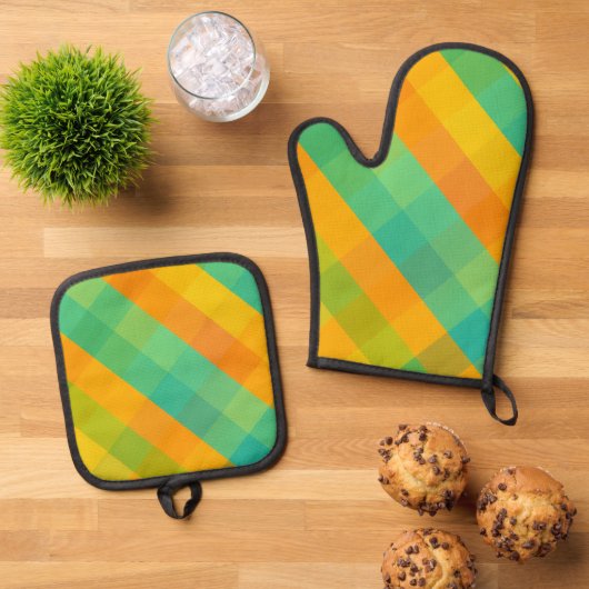 マドラスチェックカラフルリバイバル – Plaid Oven Mitt & 鍋つかみ&鍋敷きセット (トップダウン)
