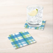 マドラスプレイドグリーンとブルー スクエアペーパーコースター (インサイチュ)