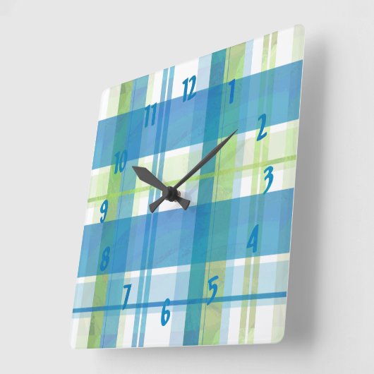 マドラスプレイドグリーンアンドブルー スクエア壁時計 (傾斜)