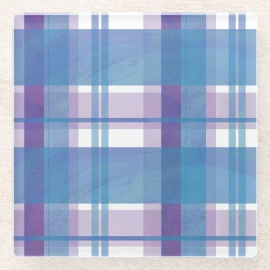 マドラスプレイドブルーとパープル ガラスコースター (正面)