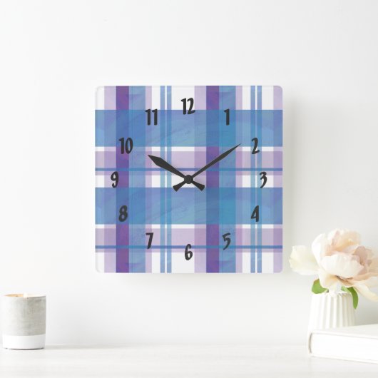 マドラスプレイドブルーとパープル スクエア壁時計 (ホーム)