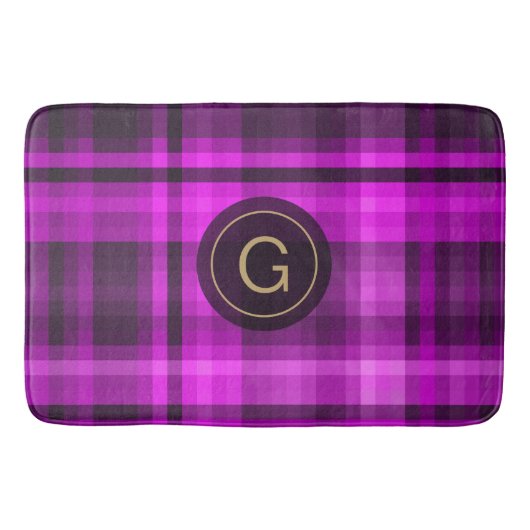 マドラスホットピンクパターンイニシャル パーソナライズされた バスマット (正面)