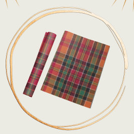 マドラスモダンプレイドオレンジグリーンスクエアパターン ラッピングペーパー