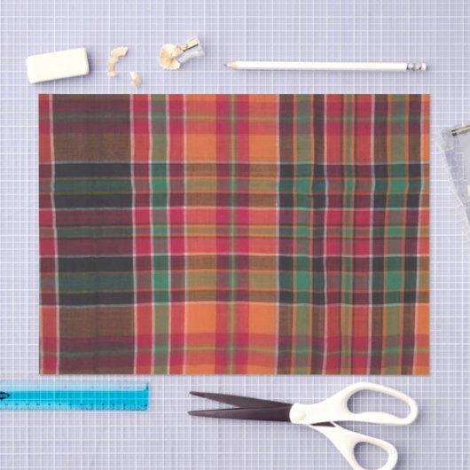 マドラスモダンプレイドオレンジグリーンスクエアパターン 薄葉紙 (クラフト)