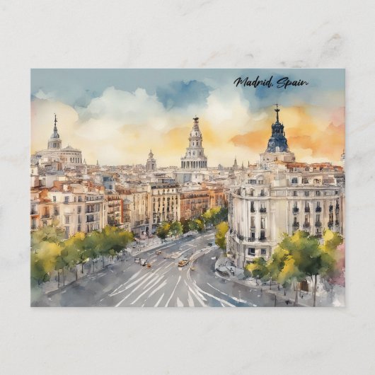 マドリッドスペインシティシルエットウォーター絵を描カラー ポストカード (正面)