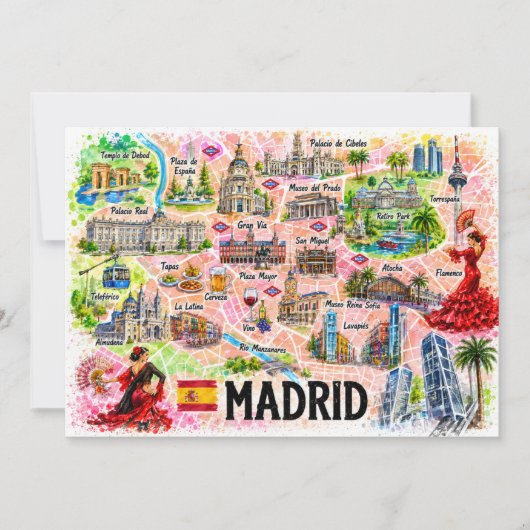 マドリード スペイン 水彩画 旅行地図 ポストカード (正面)