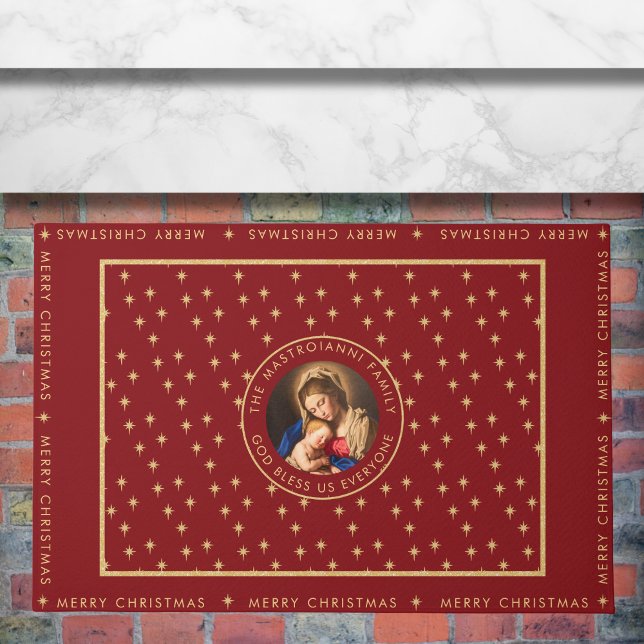 マドンナと子カトリックの宗教的クリスマスプレゼント ドアマット (Religious Christmas doormat with Madonna and Child in red and gold for Catholics/Christians.)