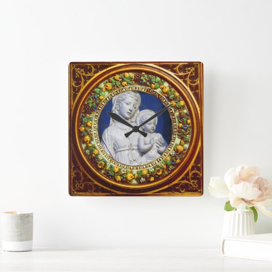 マドンナと子供のフローラルネッサンス王冠 スクエア壁時計 (ホーム)