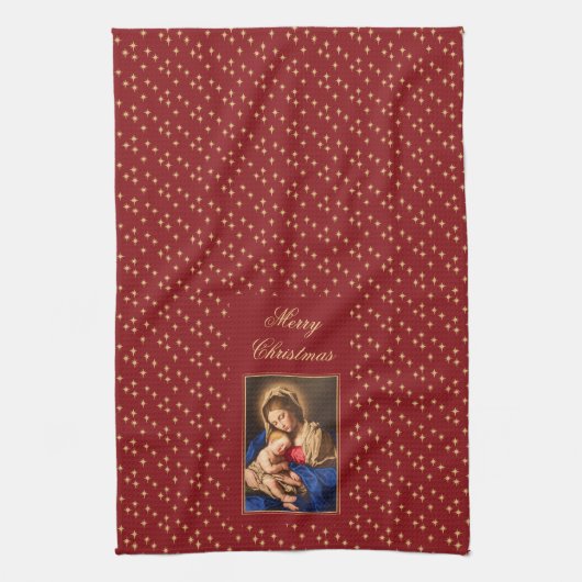マドンナと子供の宗教的なクリスマスデコレーション キッチンタオル (縦)