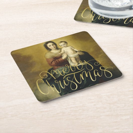 マドンナと子供、ファインアートクリスマス スクエアペーパーコースター (アングル)