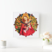 マドンナのバラバウワー、ピンクの明るい赤紫色宝石、白 スクエア壁時計 (ホーム)