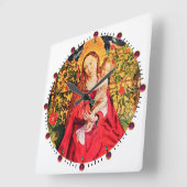 マドンナのバラバウワー、ピンクの明るい赤紫色宝石、白 スクエア壁時計 (傾斜)