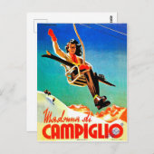 マドンナ・ディ・カンピリオ、スキー・リフトの女性、ヴィンテージ ポストカード (正面/裏面)